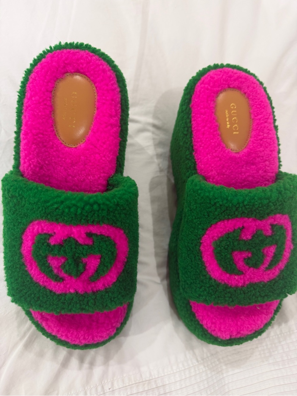 Gucci Hot Pink and Kelly Green Shearling Slides